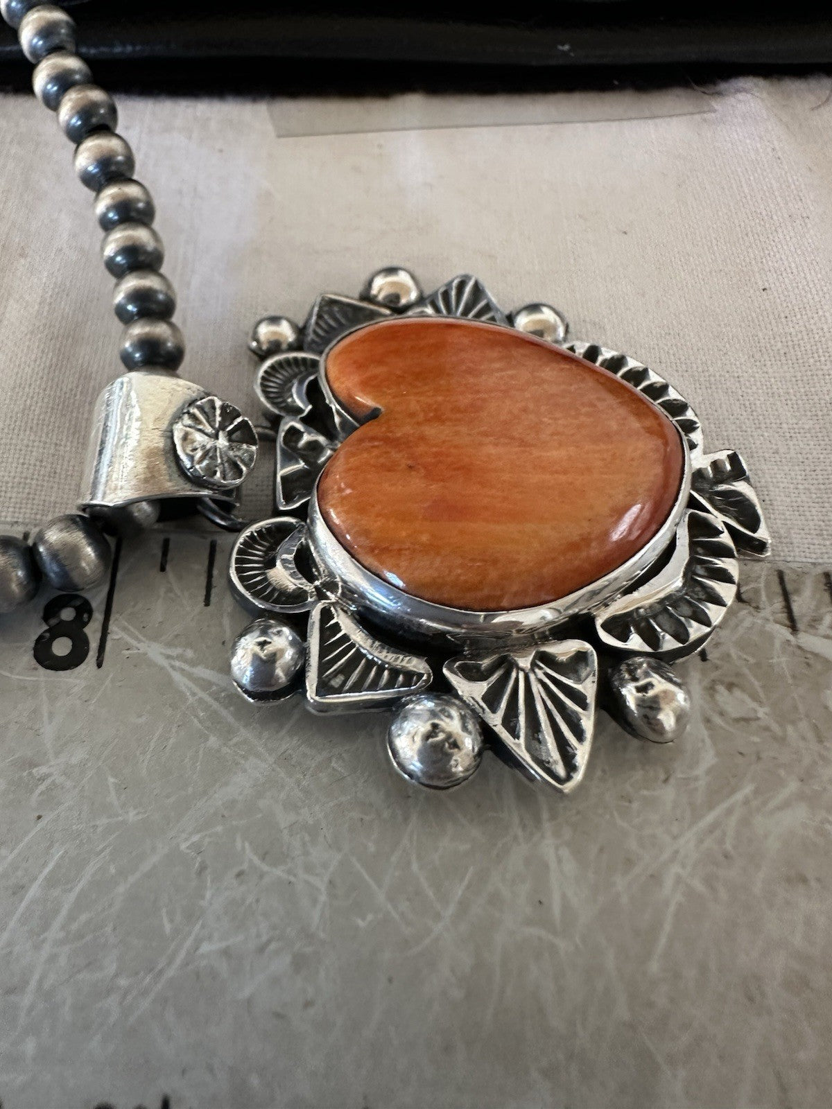 H Joe Orange Spiny Oyster Heart Pendant Navajo Sterling Silver Necklace 19485