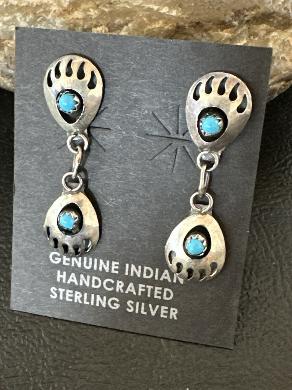 Navajo Blue Turquoise Sterling Silver Post Dangle Bear Paw Earrings 1.30" 4520