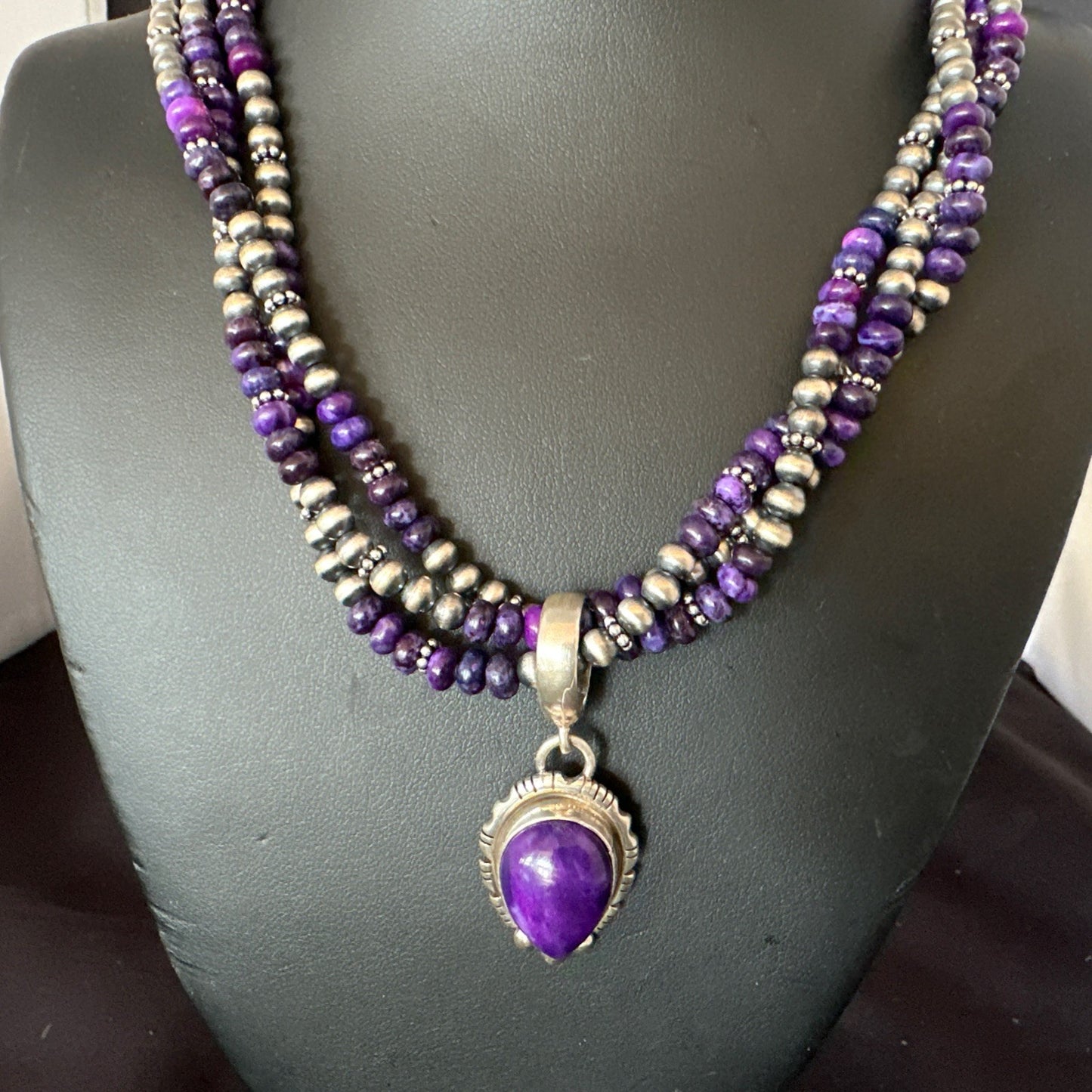Navajo Sterling Silver 3 Strand Purple Stone Necklace Pendant 22” 19028