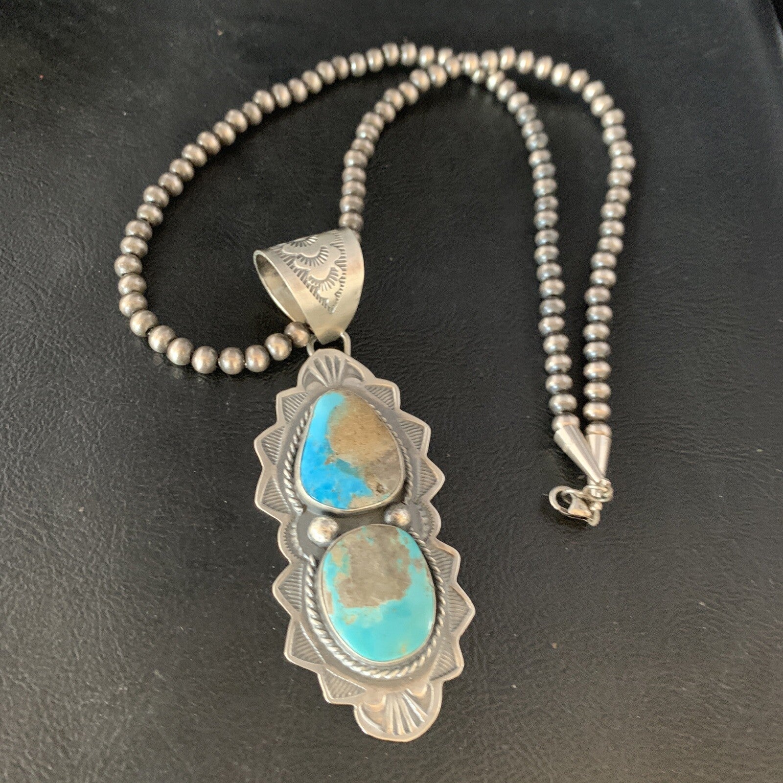 Mens Blue Kingman Turquoise 3" Pendan Sterling Silver Necklace 20" 13997N