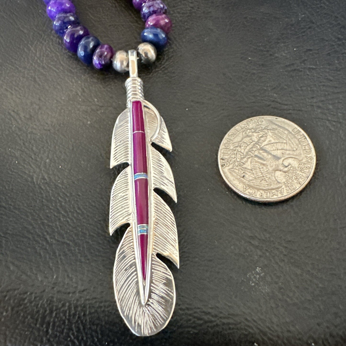 Feather Purple Stone Opal Pendant Sterling Silver Necklace 21” 18671