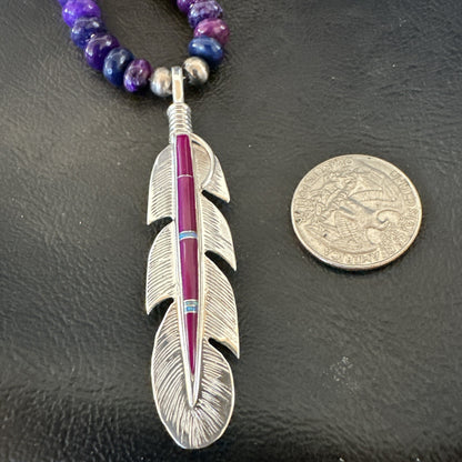 Feather Purple Stone Opal Pendant Sterling Silver Necklace 21” 18671