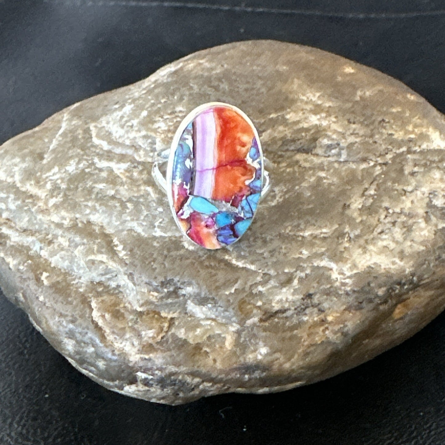 Blue Turquoise Spiny Oyster Southwestern Sterling Silver Ring Size 8 18480