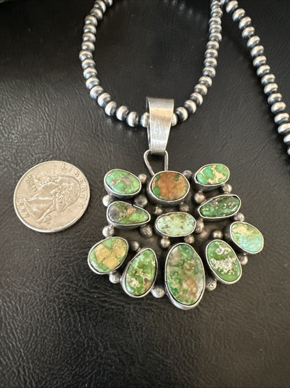 Green Sonoran Gold Turquoise Navajo Sterling Silver Cluster Pendant 19300