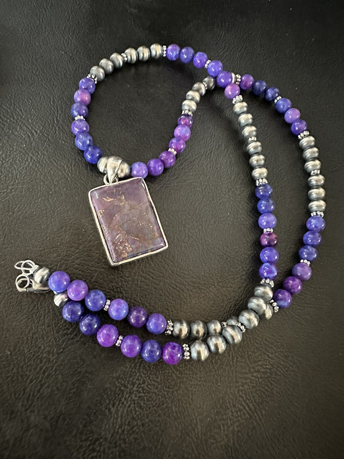Purple Stone Turquoise Pendant Navajo Pearls Sterling Silver Necklace 18384