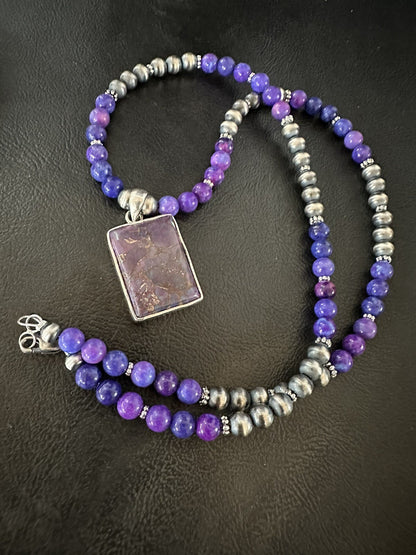 Purple Stone Turquoise Pendant Navajo Pearls Sterling Silver Necklace 18384