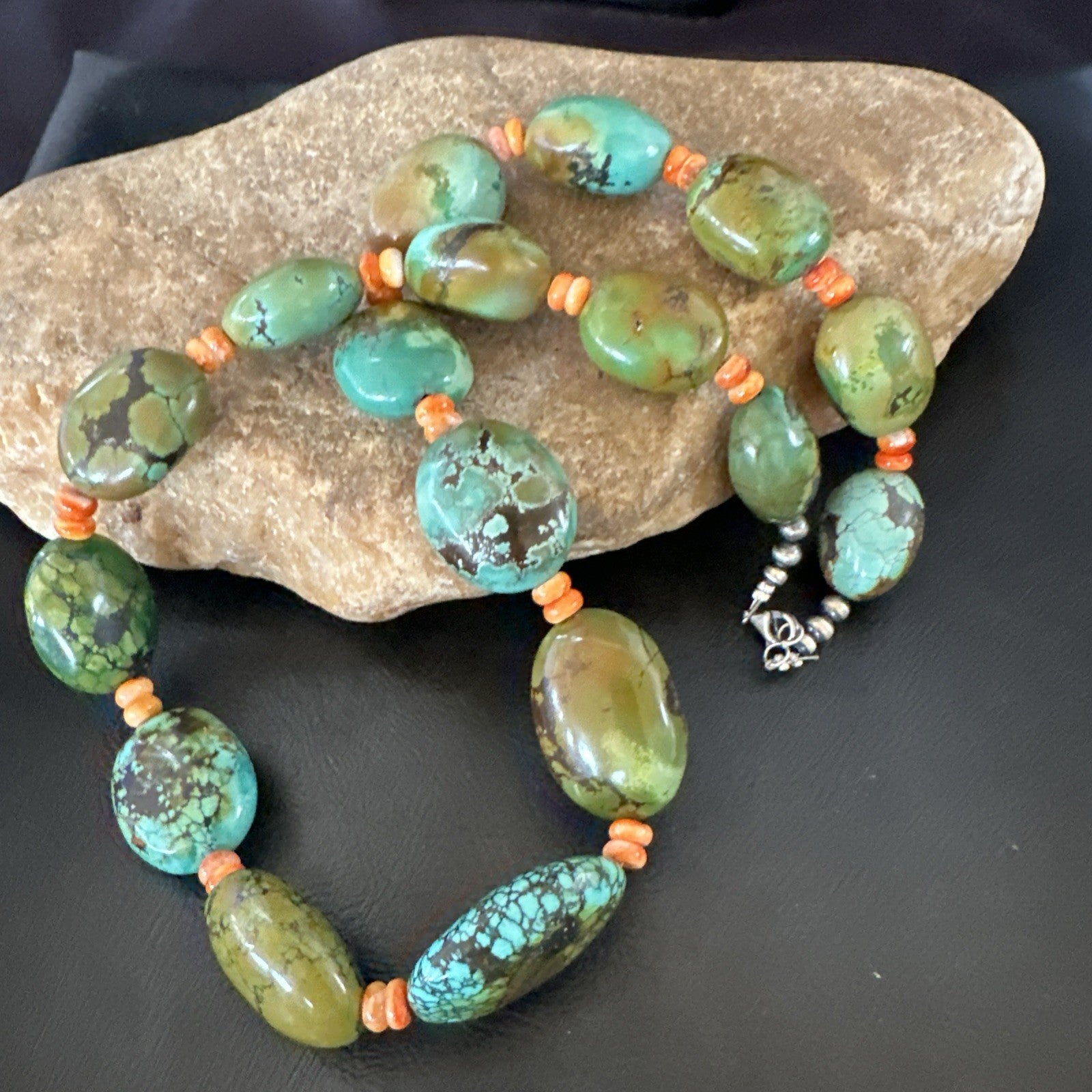 Blue Green Turquoise Spiny Chunky Navajo Sterling Silver Necklace 22” 19253