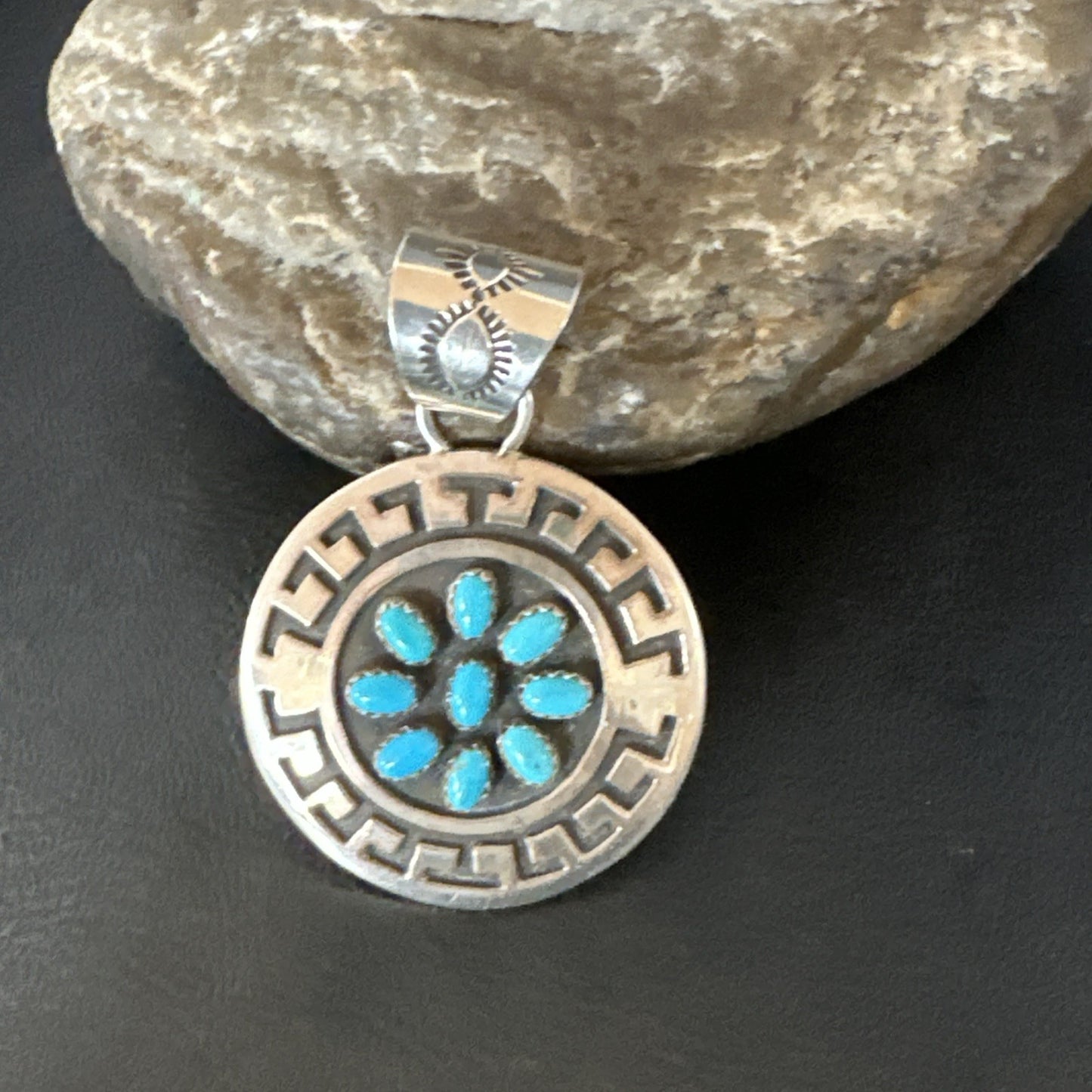 Cluster Blue Kingman Turquoise Navajo Sterling Silver Pendant 2" 19287