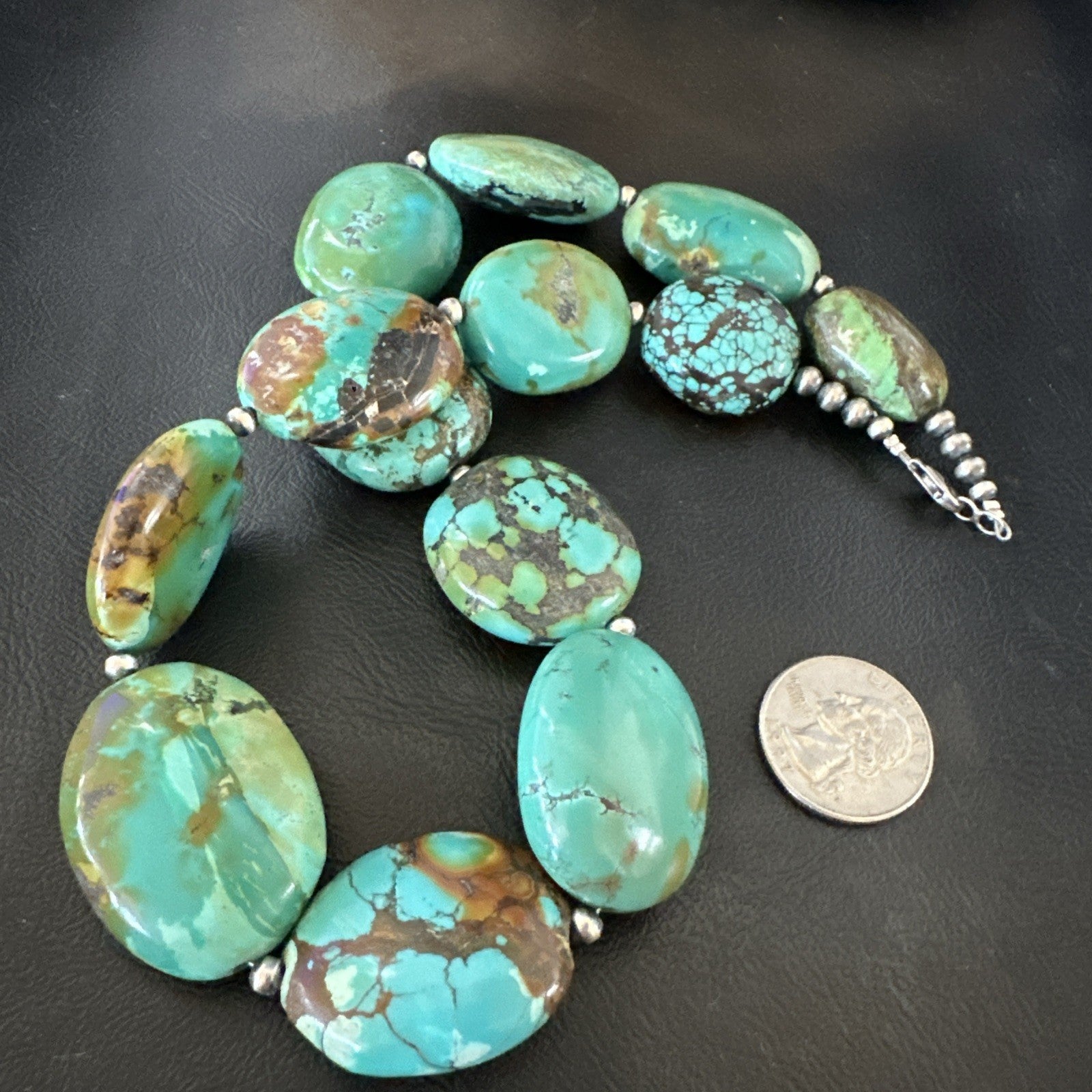 Blue Green Turquoise Nugget Chunky Navajo Sterling Silver Necklace 20” 19250