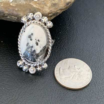 White Buffalo Turquoise Navajo Sterling Silver Ring Size 8 19254