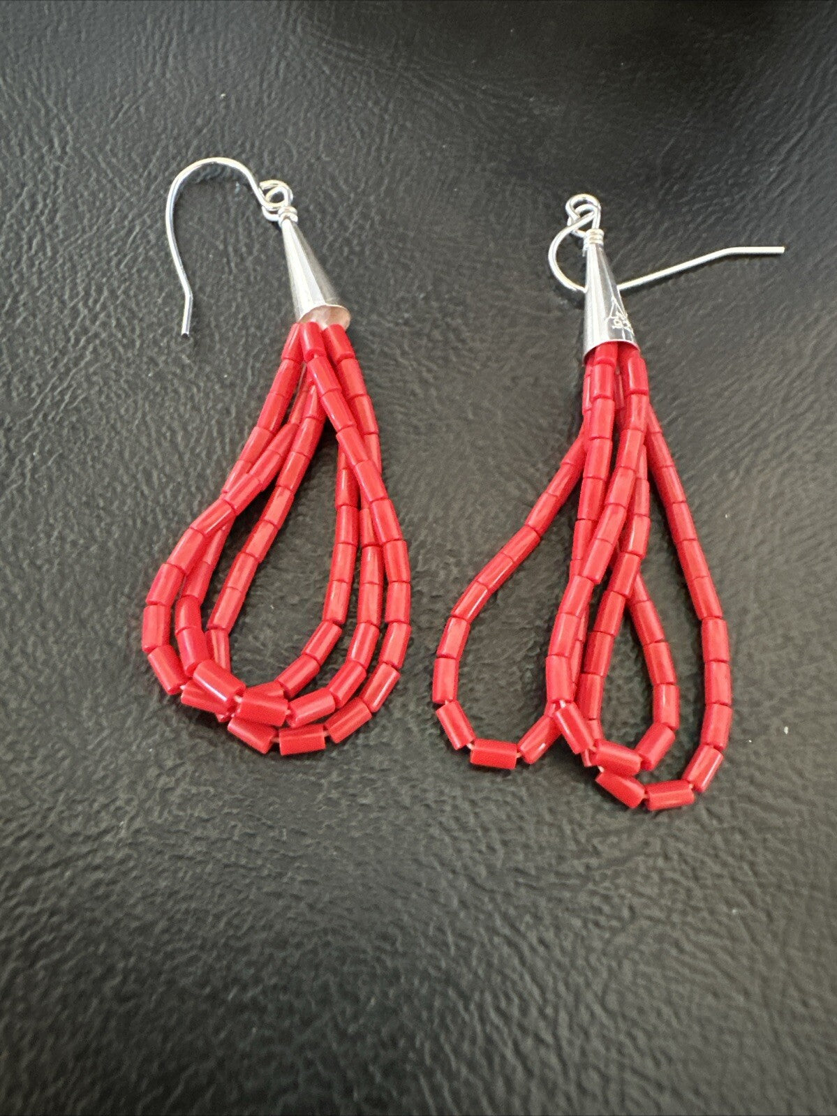 Native Red Coral Heishi 3S Tube Liquid Sterling Silver Dangle Earrings 2" 18198