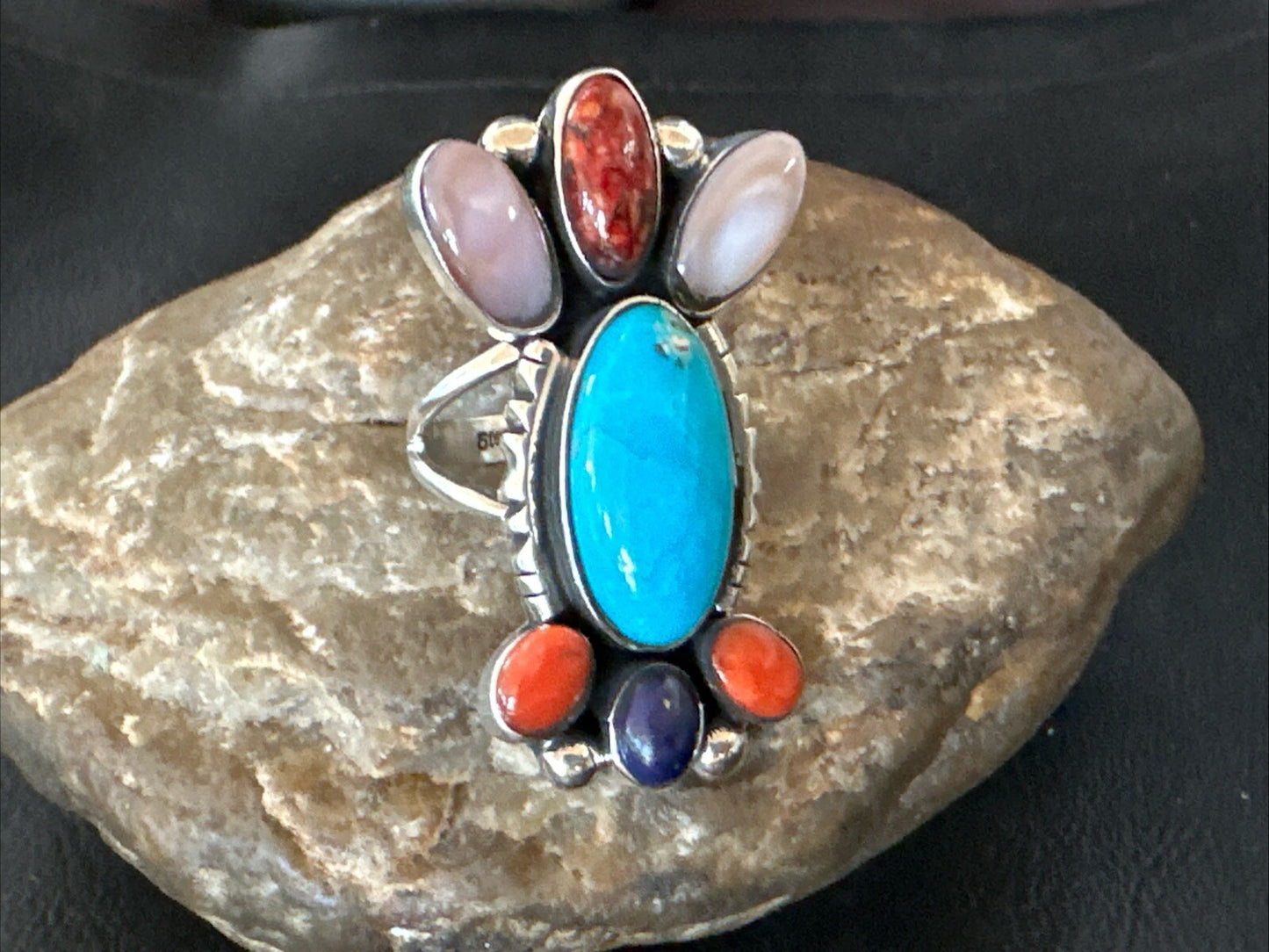 Cluster Blue Turquoise Spiny Oyster Onyx Sterling Silver Ring Size 8 18564