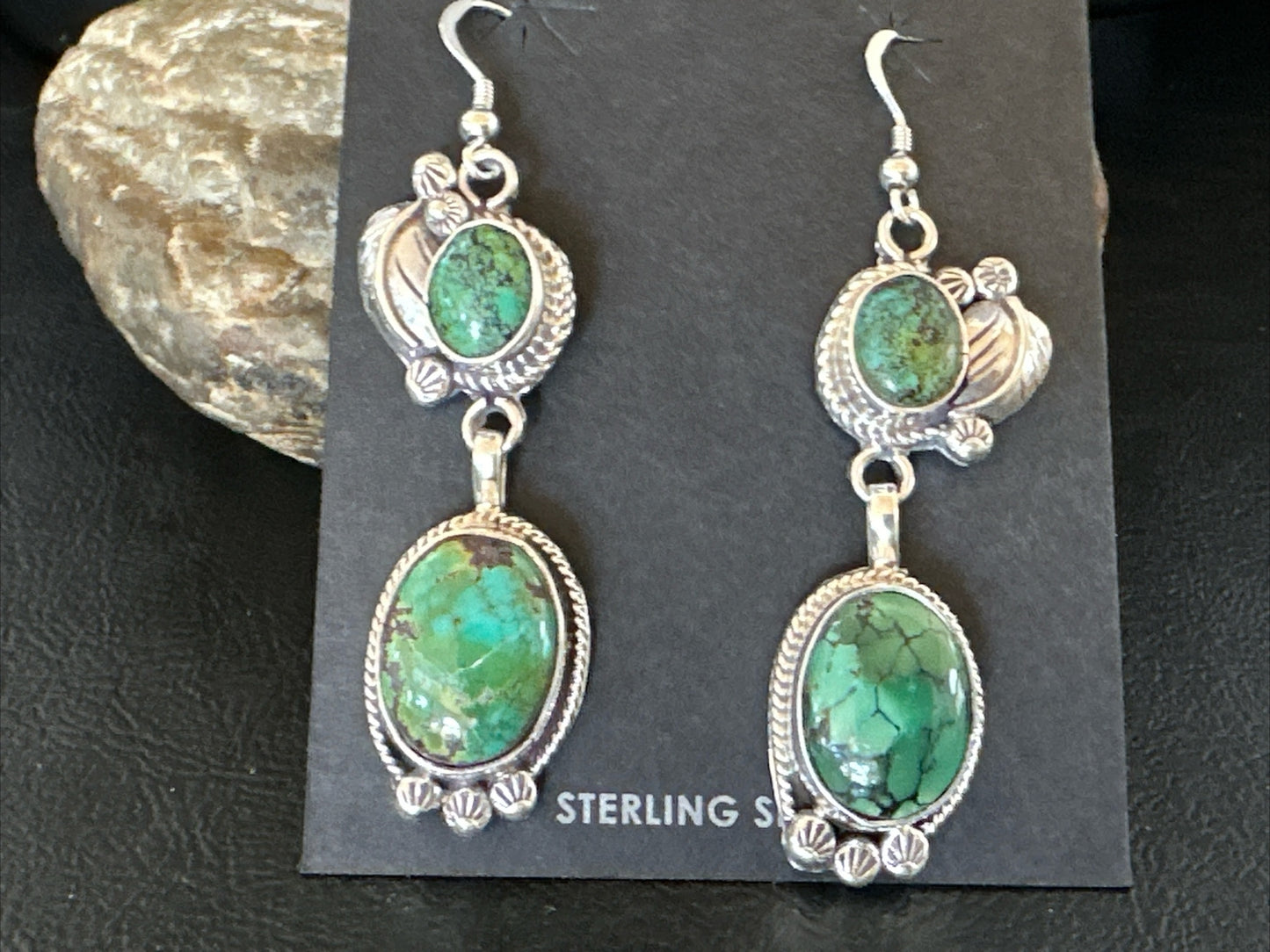 Native Navajo Green Turquoise Sterling Silver Dangle Earrings 2” 17696