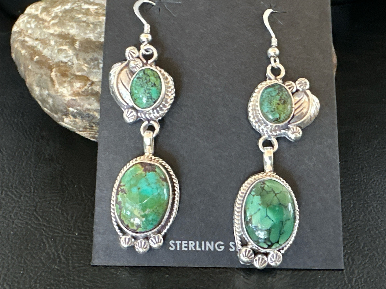 Native Navajo Green Turquoise Sterling Silver Dangle Earrings 2” 17696