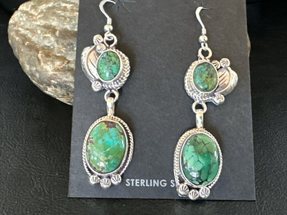 Native Navajo Green Turquoise Sterling Silver Dangle Earrings 2” 17696