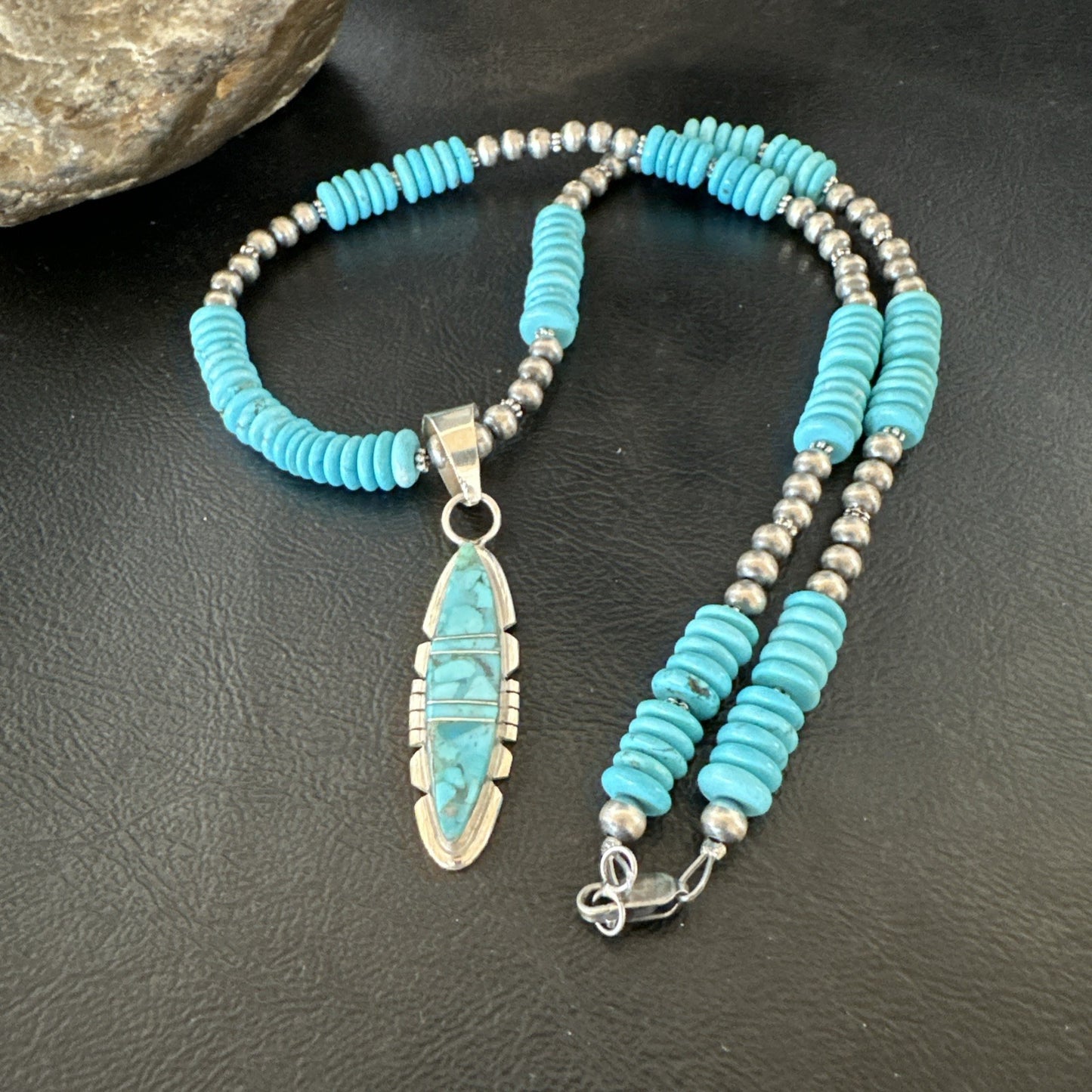 Blue Turquoise Inlay Pendant Navajo Sterling Native American Necklace 20" 19510