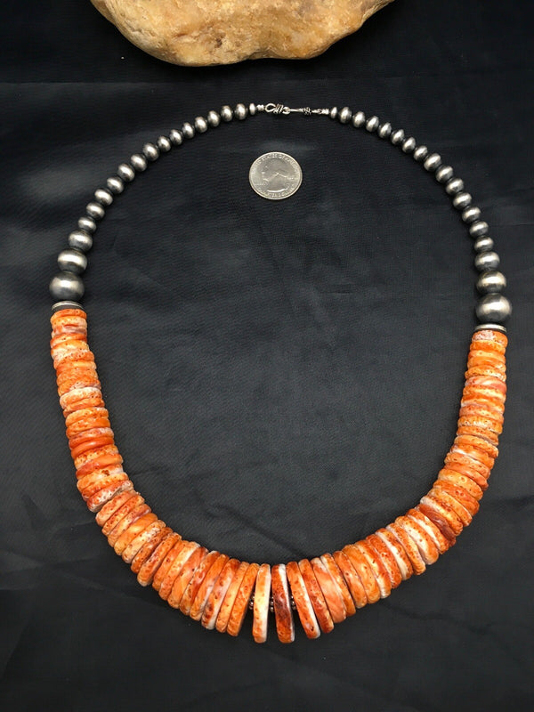 Spiny Oyster Graduated Navajo Beads Necklace 23" | Sterling Silver | Authentic Native American Handmade | 03085