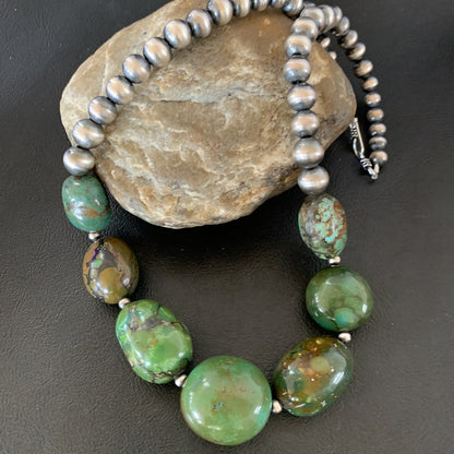 Chunky Navajo Spider Web Green Turquoise Sterling Silver Necklace 20" 11762