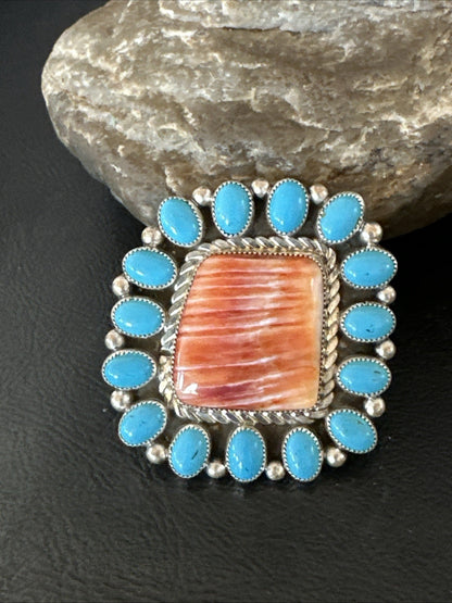 Orange Spiny Oyster Turquoise Navajo Sterling Silver Cluster Ring Sz 9 19761