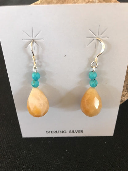 Native Turquoise & Jade Bead Navajo Dangle Earrings Sterling Silver 03817