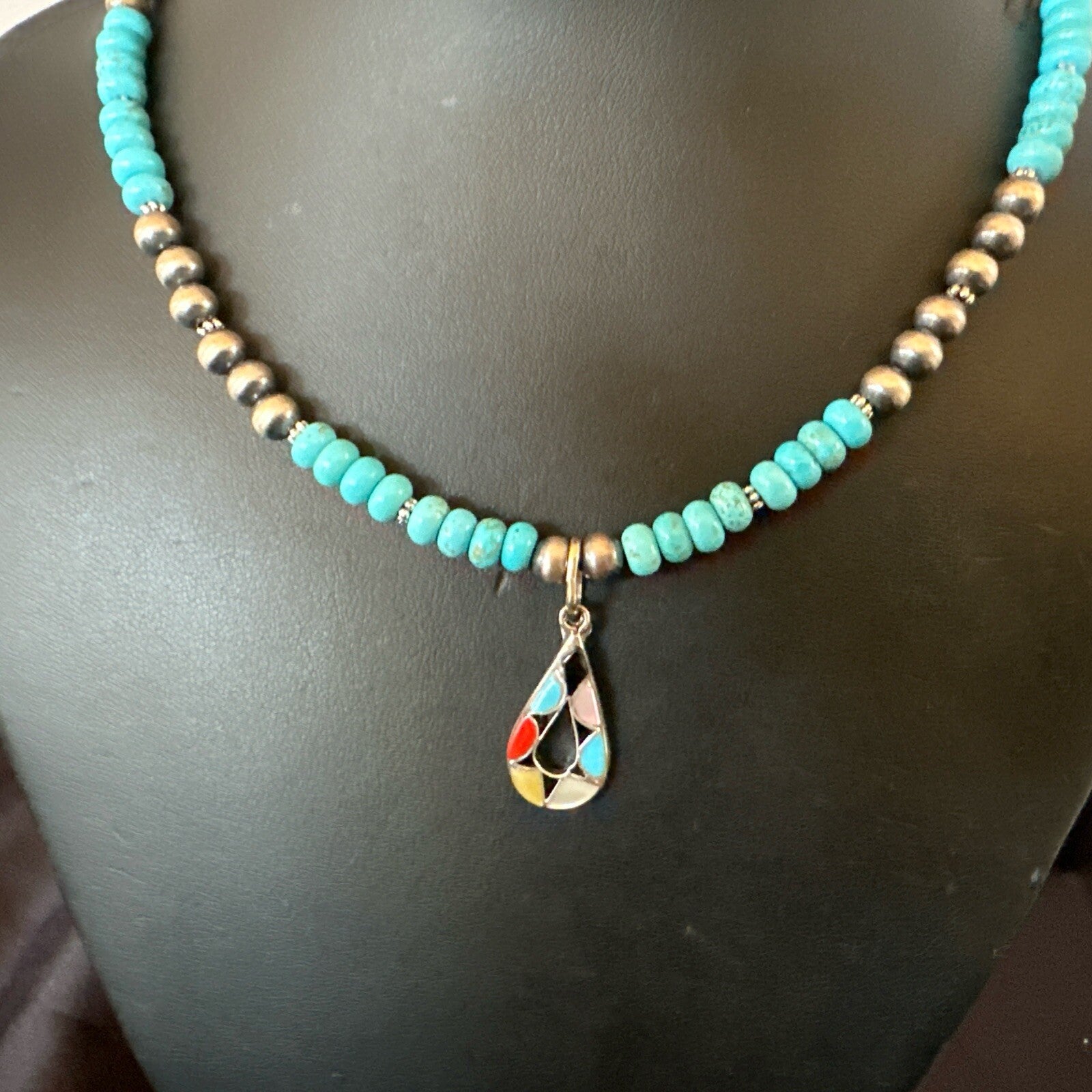 Zuni Turquoise Pink MOP Inlay Pendant 2Sided Necklace Sterling Silver 18062