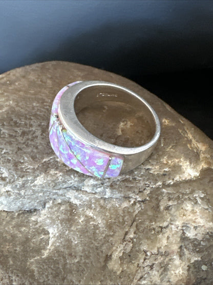 Pink Opal Navajo Sterling Silver Band Inlay Ring Size 7 18786
