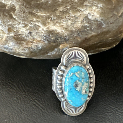 WoMens Blue Kingman Turquoise Navajo Sterling Silver Adjustable Ring Sz 8 19418