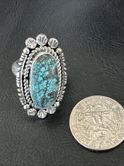 Navajo Sterling Silver Spiderweb Turquoise Adjustable Ring Sz 8 19616