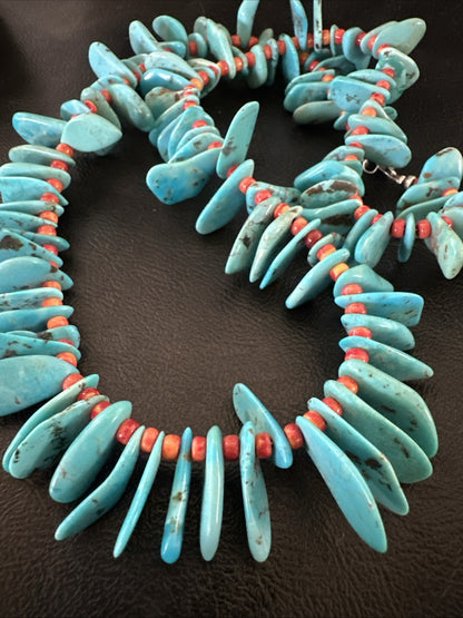 Large Blue Turquoise Red Spiny Navajo Pearls Sterling Silver Necklace 21" 19319