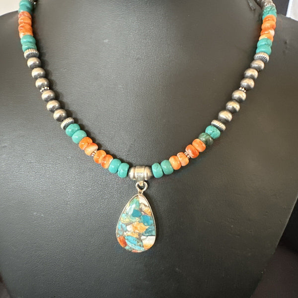 Spiny Pendant Turquoise Navajo Necklace 21" | Sterling Silver | Authentic Native American Handmade | 17898