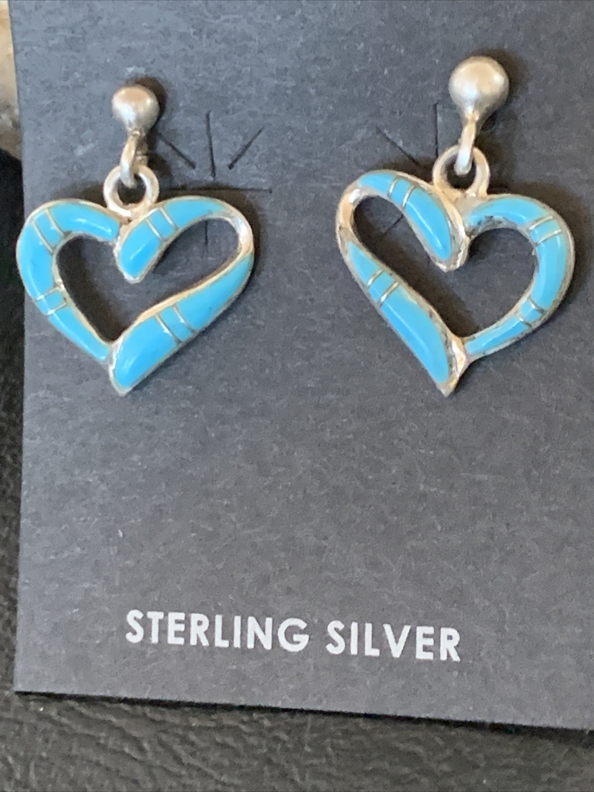 Blue Turquoise Heart Navajo Sterling Silver Dangle Post Earrings 0.5" 12714