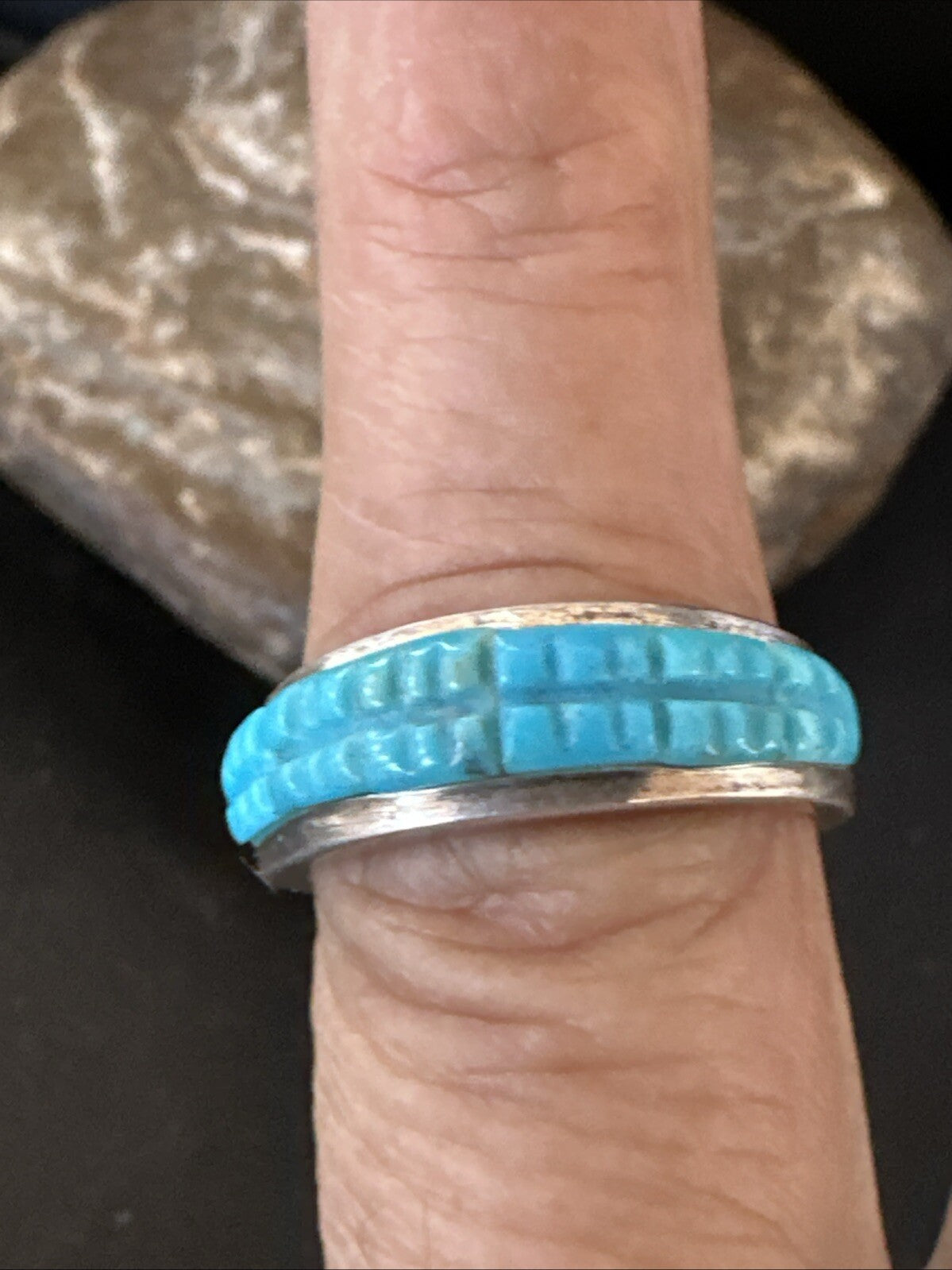 Blue Turquoise Navajo Sterling Silver Corn Inlay Band Ring Size 8.5 18815