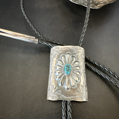 Mens Stamped Bolo Tie Blue Kingman Turquoise Navajo Sterling Silver 2” 19301