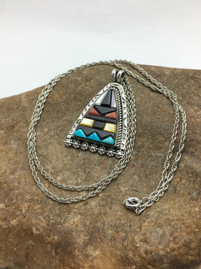 Turquoise Multi-Color Pendant Navajo Indian Sterling Silver Necklace 4093