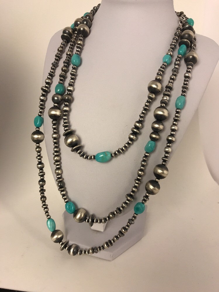 Sterling Silver Navajo Pearls Sleeping Beauty Turquoise Necklace 70" 8051