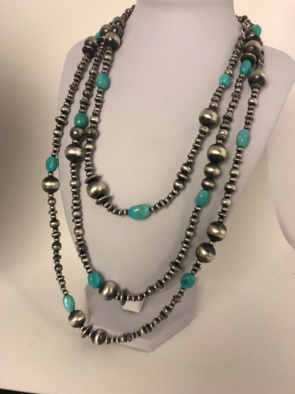 Sterling Silver Navajo Pearls Sleeping Beauty Turquoise Necklace 70" 8051