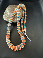 30"Spiny Oyster Turquoise Graduated Navajo Pearl Necklace | Sterling Silver | Authentic Native American Handmade | 19419
