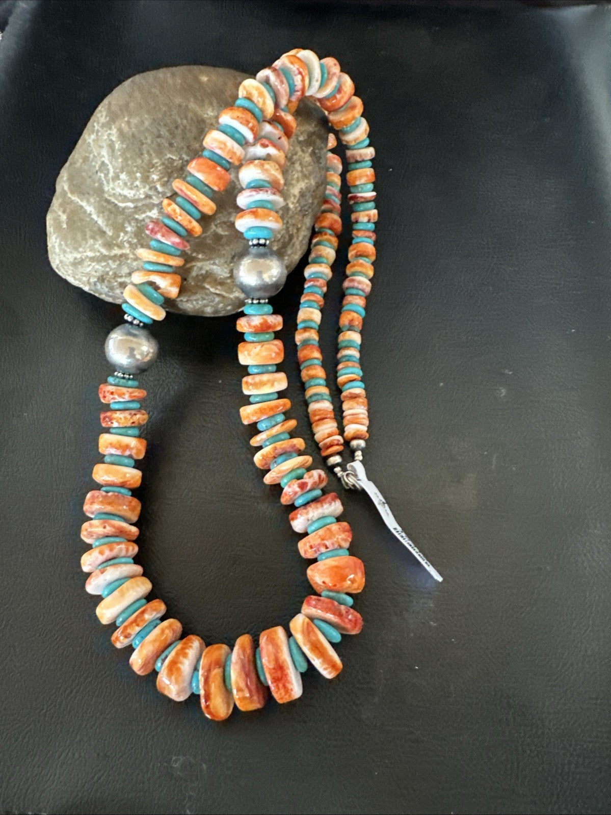 30" Spiny Oyster Turquoise Graduated Navajo Pearl Sterling Silver Necklace 19419
