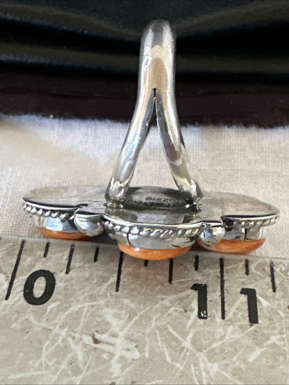 Orange Spiny Oyster Cluster Navajo Sterling Silver Ring Size 9.5 19184