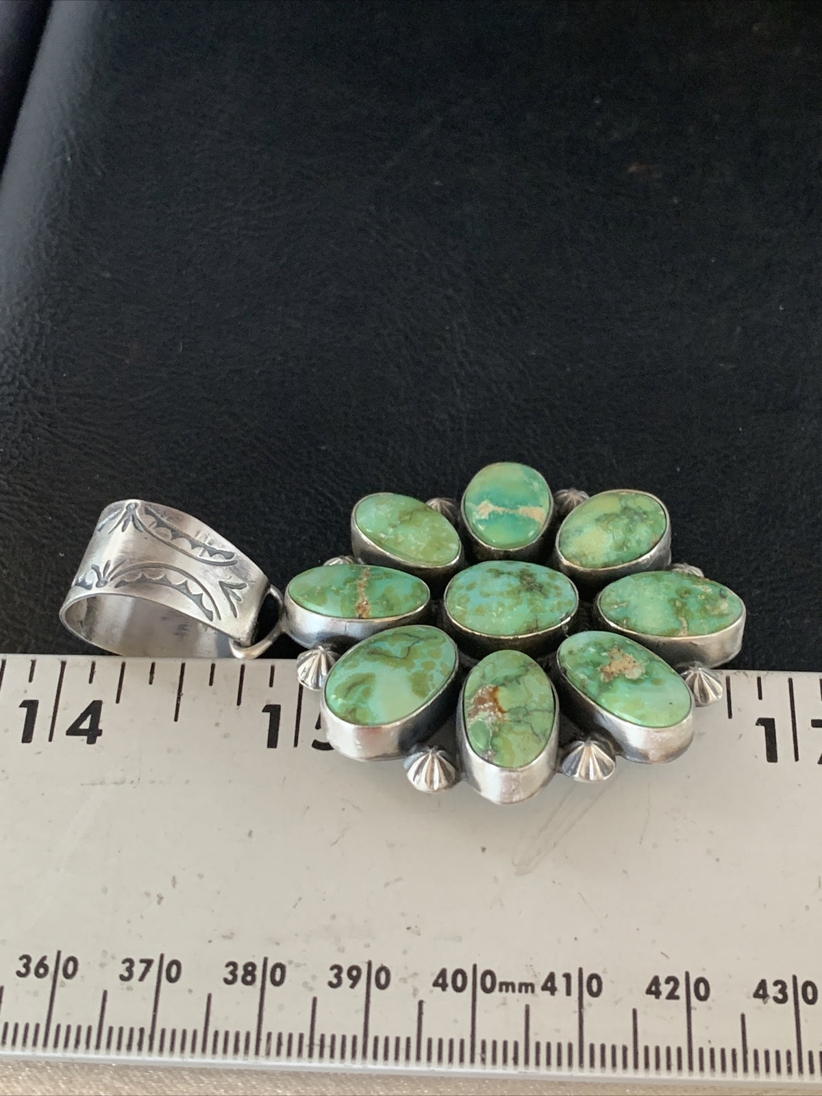 Green Sonoran Gold Turquoise Navajo Sterling Silver Cluster Pendant 14070