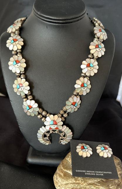 Old Pawn Sunface Turquoise Zuni Sterling Silver Squash Necklace Earrings 19085