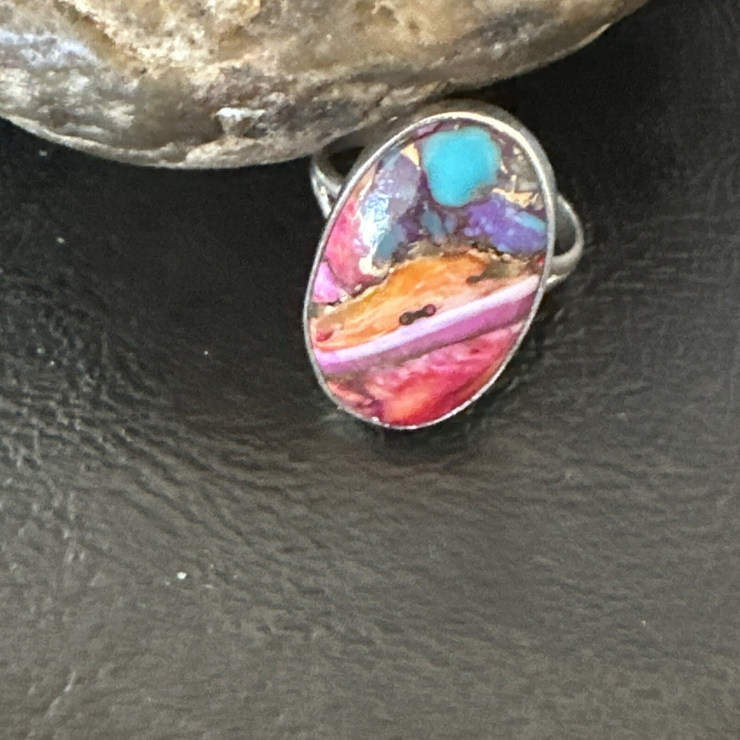 Blue Turquoise Spiny Oyster Southwestern Sterling Silver Ring Size 8 18479