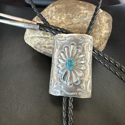 Mens Stamped Bolo Tie Blue Kingman Turquoise Navajo Sterling Silver 2” 19301