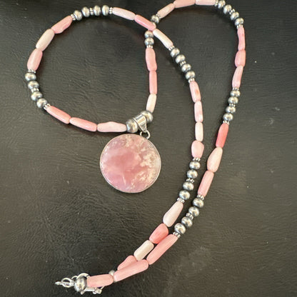 Southwestern Sterling Silver Pink Coral Bead Necklace Quartz Pendant 24" 19588