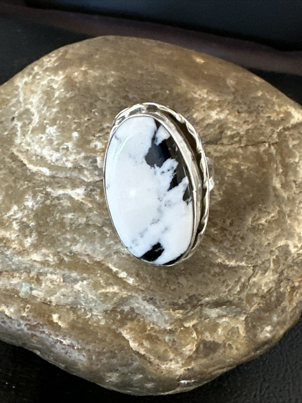 White Buffalo Turquoise Navajo Ring Size 8 | Sterling Silver | Authentic Native American Handmade | 19800