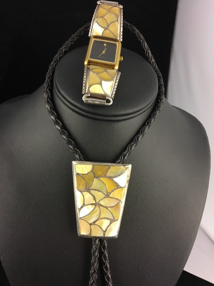 Yellow Mother Of Pearls Zuni Sterling Silver Old Pawn Bolo Tie & Watch 03114