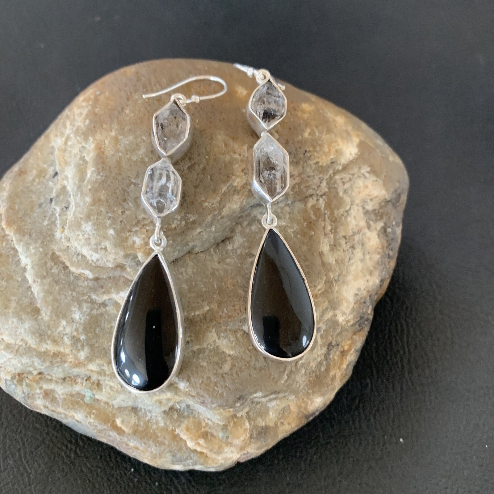 Black Onyx & Quartz Navajo Sterling Silver Dangle Earring 2" 12086