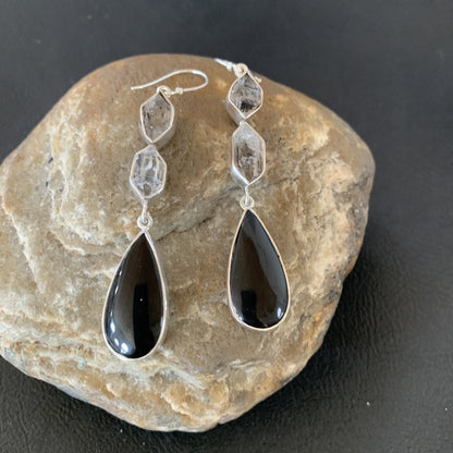 Black Onyx & Quartz Navajo Sterling Silver Dangle Earring 2" 12086