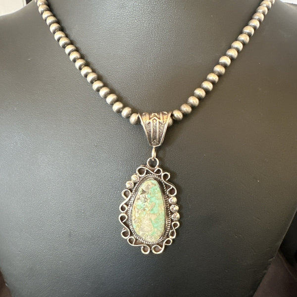 Men's Women Navajo Green Royston Turquoise Necklace Pendant | Sterling Silver | Authentic Native American Handmade | 18682
