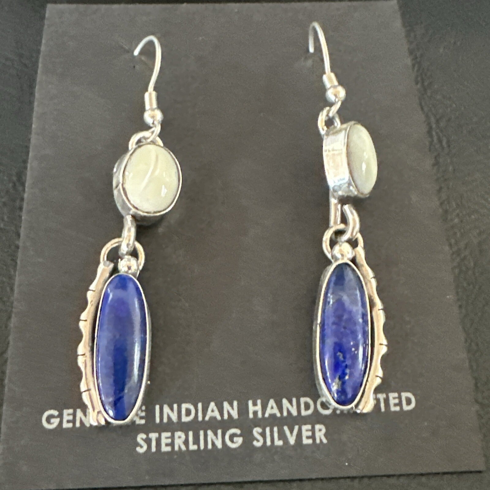 Navajo White MOP Blue Lapis Sterling Silver Dangle Earrings 18183